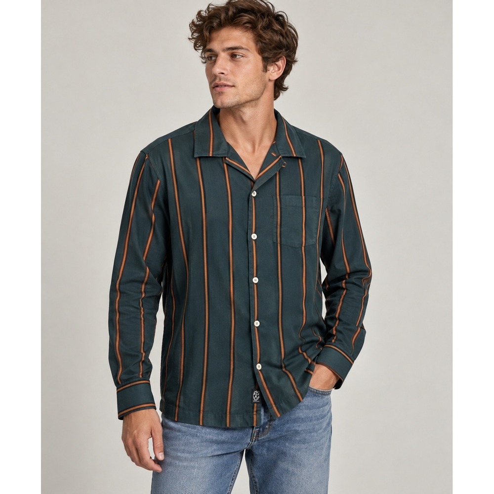 Todd Snyder Mens Large Teal Green Orange Striped Long Sleeve Camp Collar Shirt
